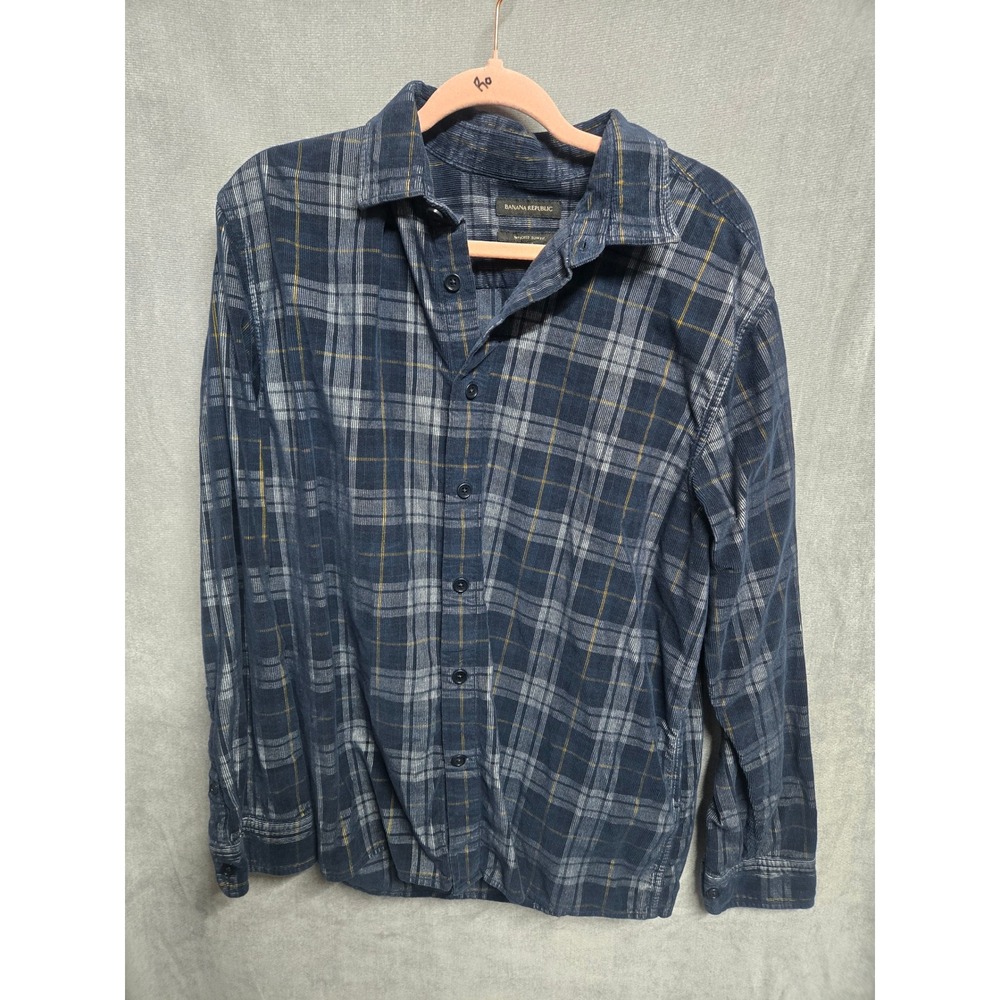 Banana Republic Mens XL Untucked Slim Fit Corduroy Plaid Button Down Shirt Navy